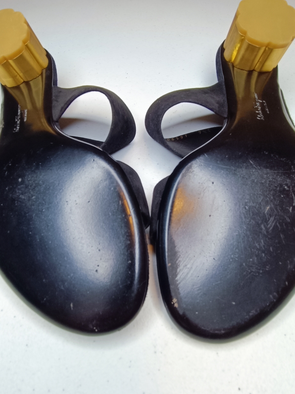 Salvatore Ferragamo Belluno Black Suede Slide Sandals Gold Flower Heel Size 9.5C - Picture 13 of 15